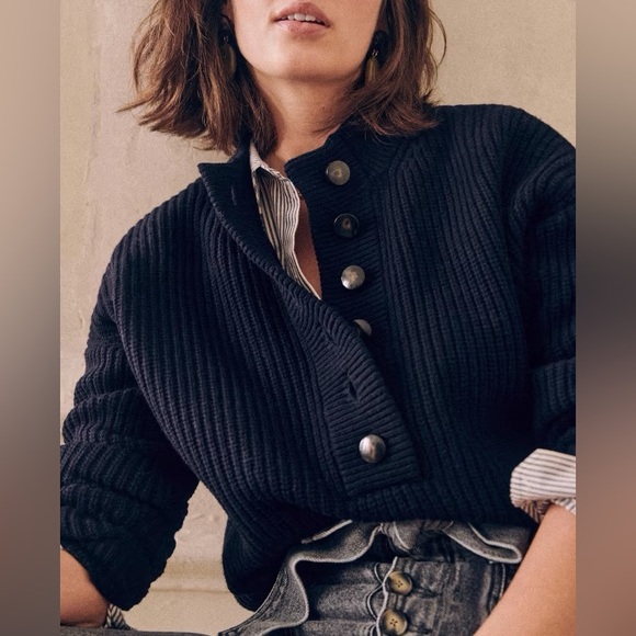 Sézane Lucas Navy Rib-Knit Button-Up Crew Sweater Medium - Picture 2 of 12